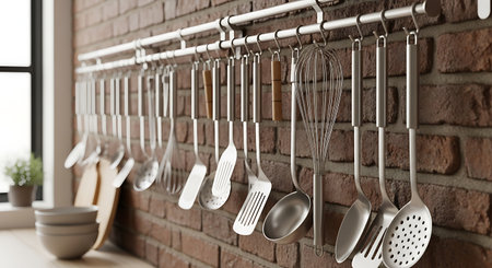 Kitchen utensils hanging on the wall. 3d renderingの素材
