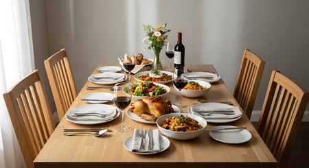 Dining table with turkey, salads, wine and other food.の素材