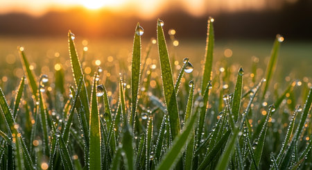 Fresh green grass with dew drops close up on sunset background.の素材