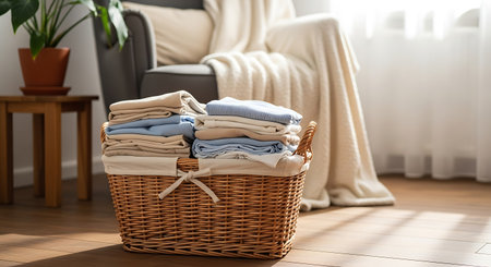 Wicker basket with clean clothes on floor in room, closeupの素材