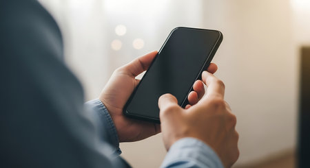 Cropped image of man using mobile phone with blank screen in officeの素材