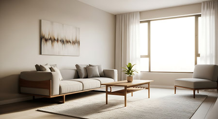 Interior of modern living room with white walls, beige sofa and wooden coffee table. 3d renderの素材