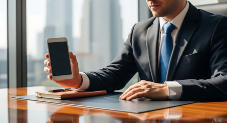 cropped view of businessman holding smartphone with blank screen at workplace in officeの素材