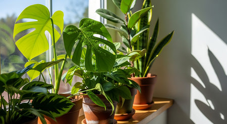 Tropical houseplants in pots on the windowsill.の素材