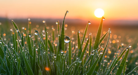 Fresh grass with dew drops at sunrise. Beautiful natural background.の素材