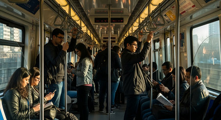 Unidentified people in Tokyo subway train. Tokyo is the capital of Japan and the most populous metropolitan area in the worldの素材