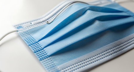 Medical mask for protection against viruses and bacteria on a white background.の素材