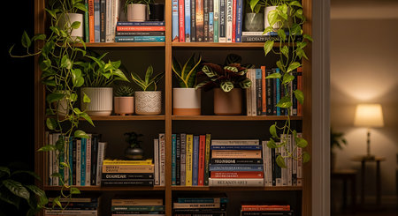 Bookshelf with books and plants in the living room at nightの素材