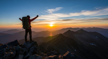 Silhouette of a hiker taking a selfie on top of a mountainの素材