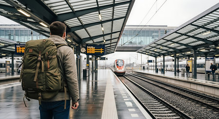 Rear view of a young man waiting for a train at the stationの素材