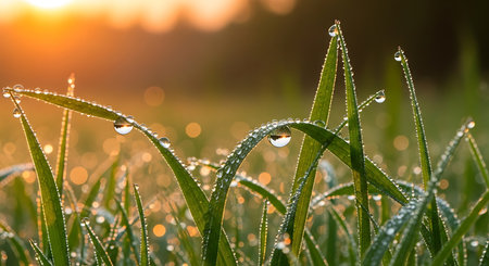 Fresh grass with dew drops close up at sunrise. Nature backgroundの素材