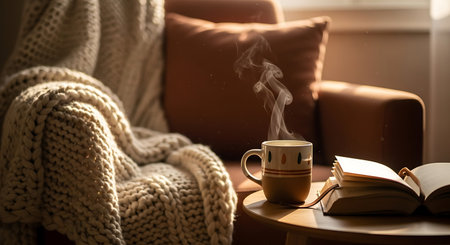 Cup of coffee on the table in the living room with knitted blanketの素材