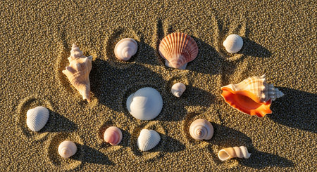 Seashells on the sand in the sun, summer backgroundの素材