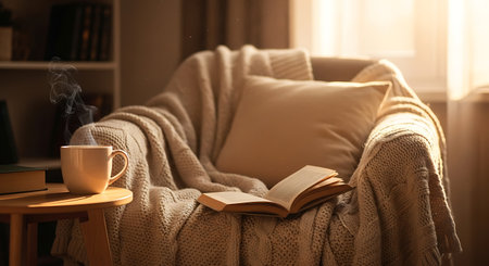 Cup of coffee and book on sofa in living room at homeの素材