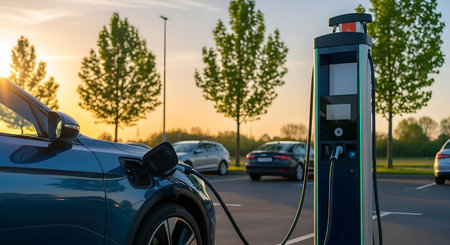 Charging an electric car at a charging station in the Netherlands.の素材