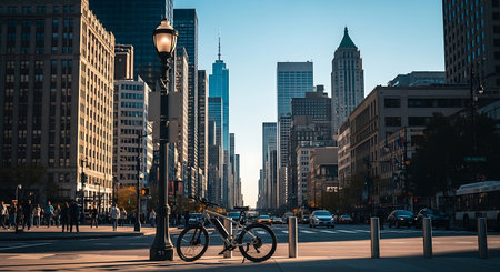 View of Chicago downtown skyscrapers and a bicycleの素材