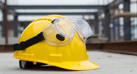 Safety helmet and goggles on construction site. Safety helmet and goggles.の素材