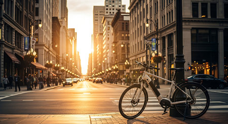 Bicycle on the street in New York City at sunset, USAの素材