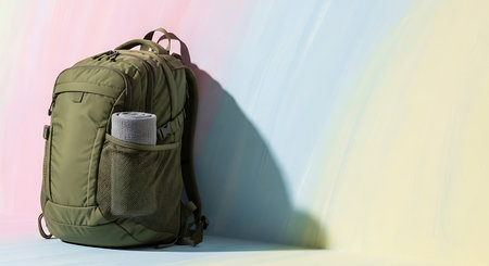 green backpack with a roll of toilet paper on a colorful background. 3d renderingの素材
