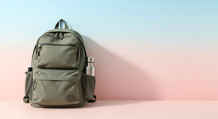 Backpack and bottle of water on pastel background. 3d renderingの素材