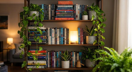 Bookshelves with books and plants in cozy living room at homeの素材