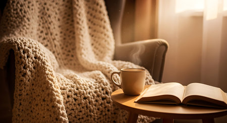 Cup of coffee and book on wooden table with warm knitted plaidの素材