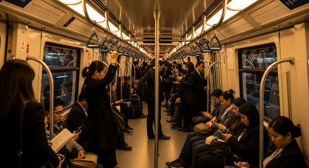 Unidentified people inside Tokyo Metro. Tokyo Metro is the world's longest fully automated metro network (75 km).の素材