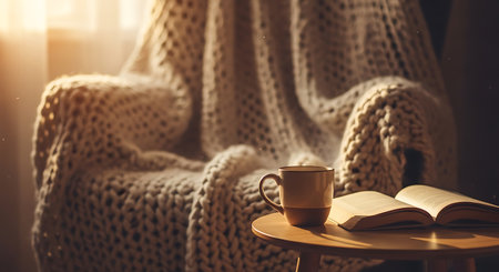 Cup of coffee and book on a wooden table in the roomの素材