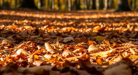 Fallen leaves on the ground in autumn park. Selective focus.の素材