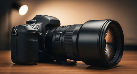 Digital SLR camera on a wooden table. 3D Renderingの素材