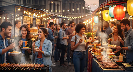Group of friends having a barbecue party at the street food festival.の素材