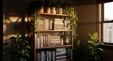 Bookshelf with books and plants in room. 3d renderingの素材
