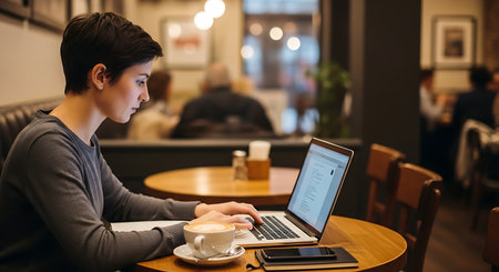 Young man using laptop while having a coffee in a cafe. Focus on laptopの素材