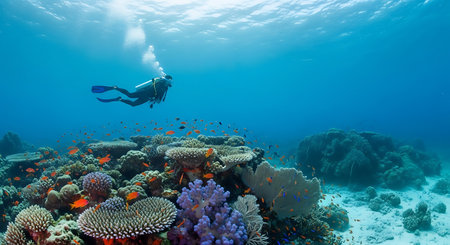 Scuba diver on a colorful tropical coral reef in the Red Seaの素材