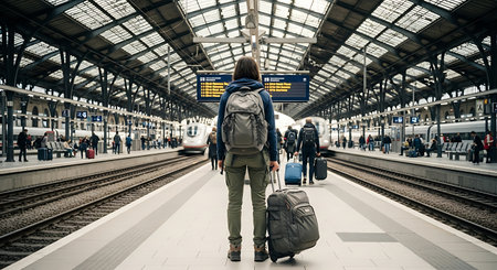 Back view of young woman with backpack waiting for train at railway stationの素材