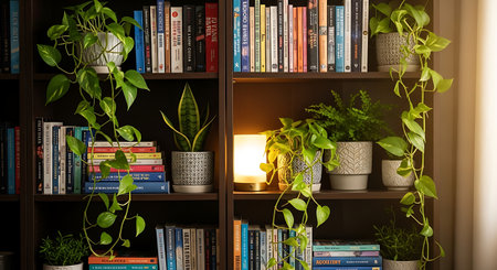 Wooden bookshelf with plants and lamp in the dark roomの素材