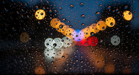 Rain drops on glass with bokeh light background, rainy seasonの素材