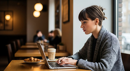 Young woman using laptop while sitting in a cafe and drinking coffee.の素材