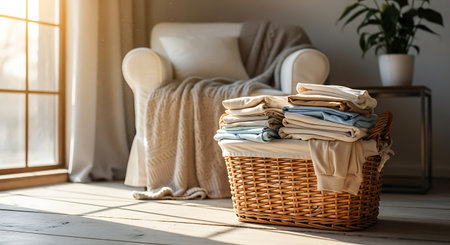Wicker basket with clean clothes on floor in room, closeupの素材