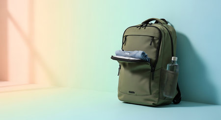 Backpack and hand sanitizer on blue wall background. 3d illustrationの素材