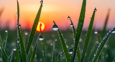 Fresh grass with dew drops close up at sunset. Nature backgroundの素材
