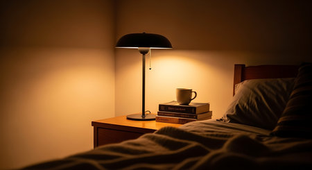 Lamp and books on a bedside table in a hotel roomの素材