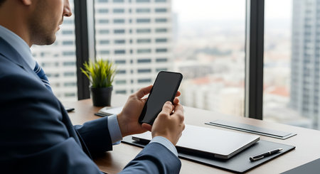 Cropped image of businessman using mobile phone while sitting at table in officeの素材