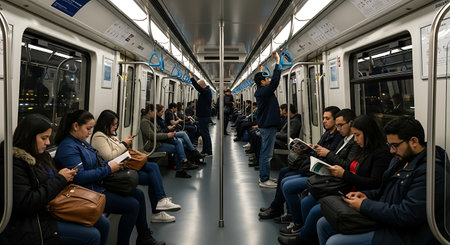 Passengers in Milan Metro. Milan Metro is the world's longest fully automated metro network (75 km).の素材