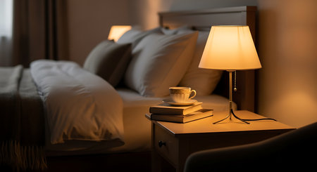Lamp on the bedside table with books and a cup of coffeeの素材
