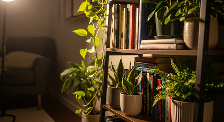Bookshelves with plants in living room at night. Home decorationの素材