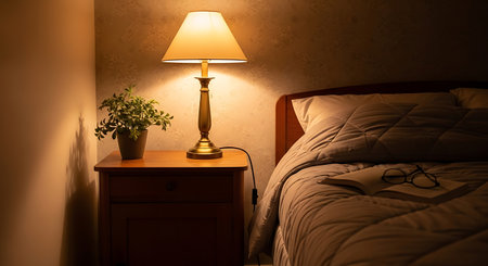 Lamp on the bedside table in the bedroom with a plantの素材