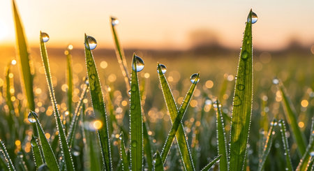 Fresh grass with dew drops close up on the field at sunriseの素材