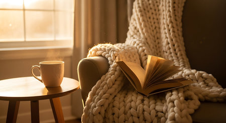 Cup of coffee and book on armchair near window at homeの素材