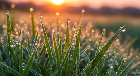 Morning dew on the grass in the rays of the setting sunの素材